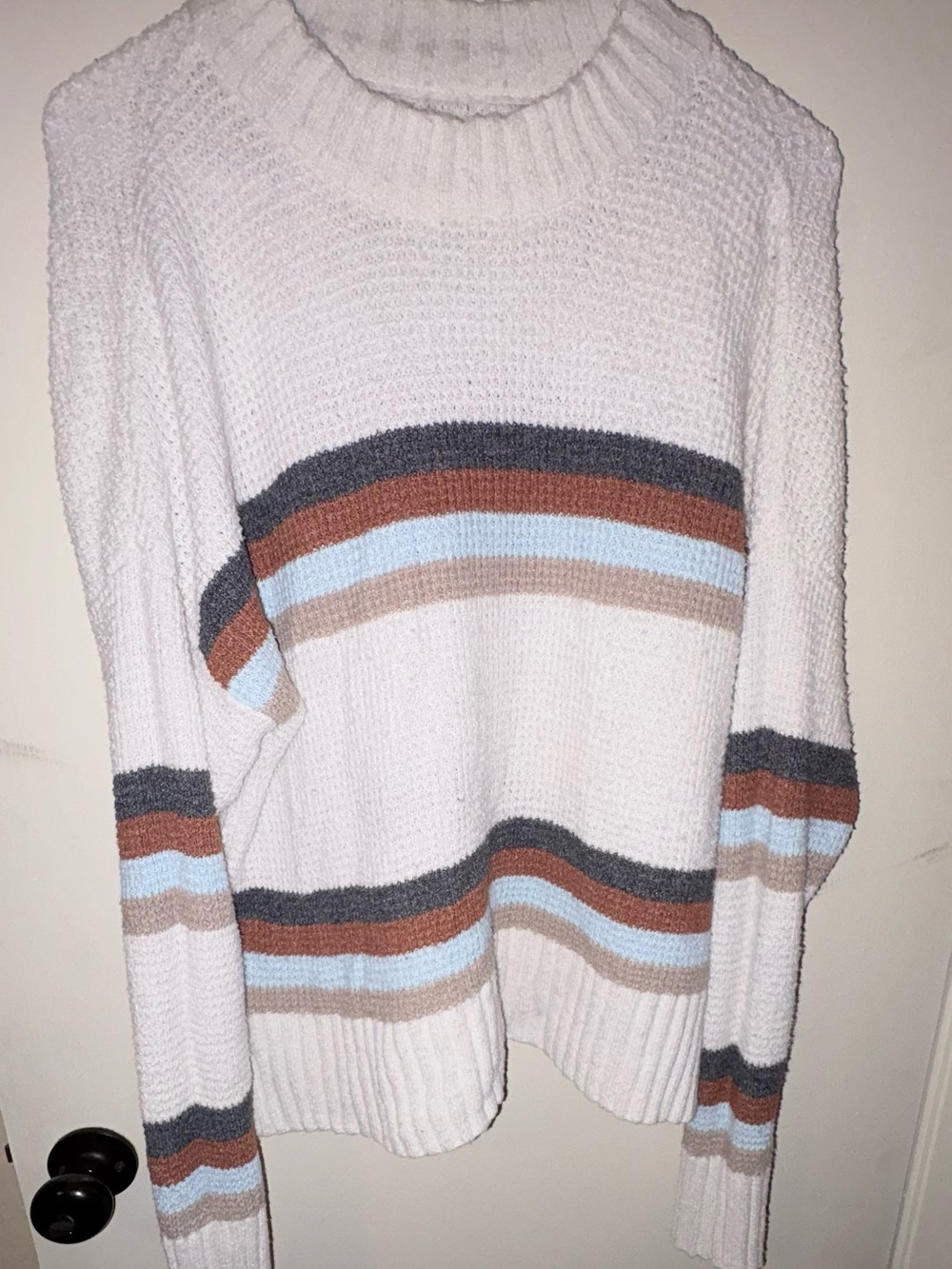 SO Cream Crewneck Sweater with Blue, Brown & Gray Stripes